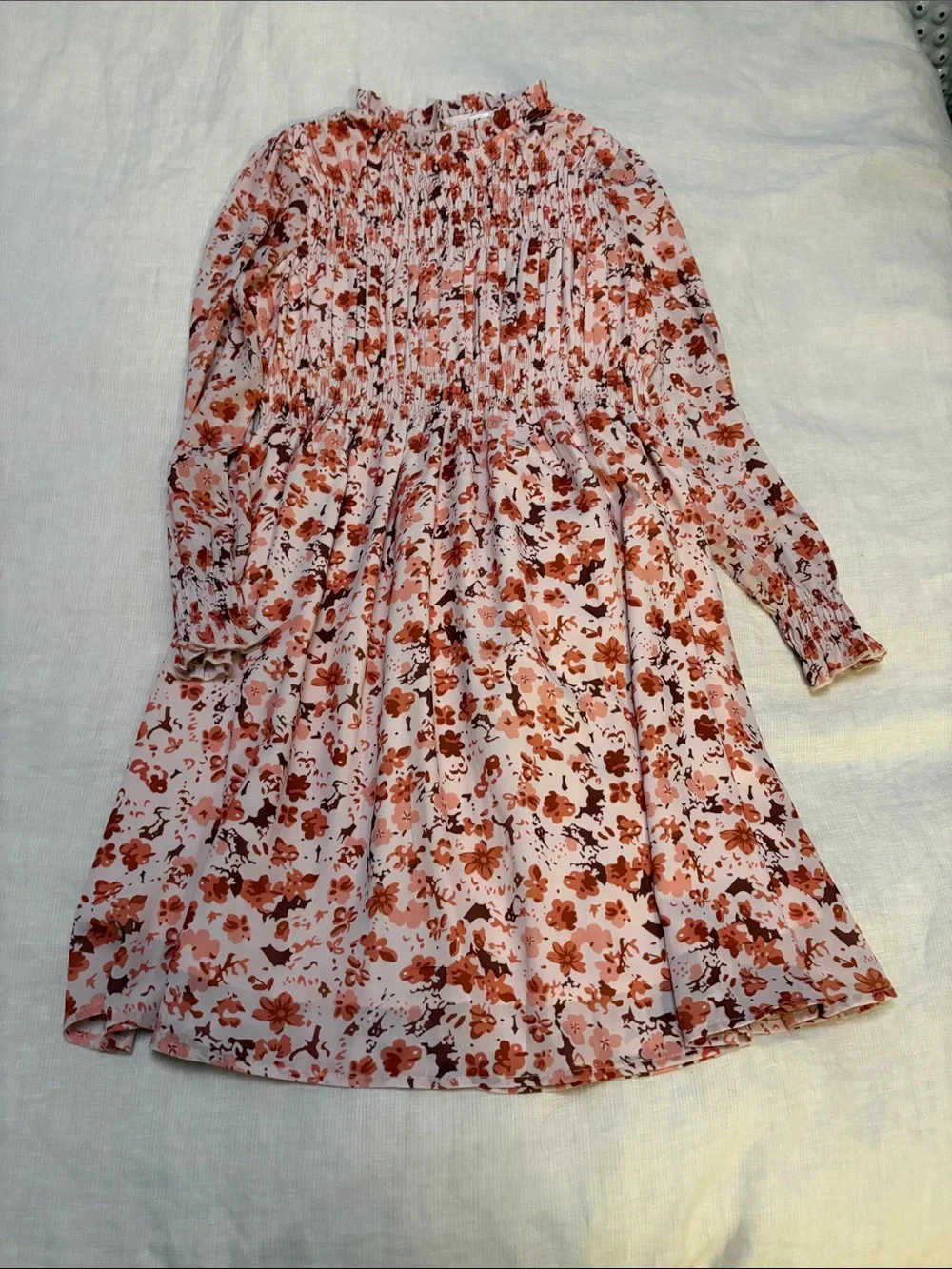 Grace Karin Pink Floral Long Sleeve Smocked Kids Dress